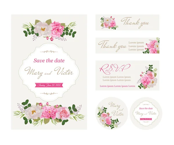 Tarjetas de invitación de boda con la colección flower.Template. (Utilizar para tarjeta de embarque, invitaciones, tarjeta de agradecimiento.) Ilustración vectorial. EPS 10 — Archivo Imágenes Vectoriales