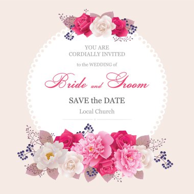 Düğün davetiye çiçek ile. Güzel beyaz ve pembe peonies, kırmızı ve beyaz güller. (Biniş, Davetiyeler, teşekkür kartı için kullanın.) Vektör çizim. EPS 10