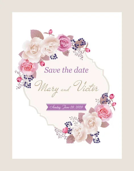 Bruiloft uitnodigingskaarten met rozen. Mooie witte en roze rozen. Uitnodiging bruiloft, Bedankkaart, sla de datum-kaarten. Vectorillustratie. EPS-10 — Stockvector
