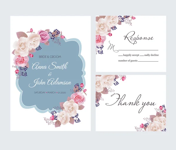 Свадебное приглашение, спасибо карточке, сохраните карточку свидания. Красивые белые и розовые розы. Векторная иллюстрация. EPS 10 — стоковый вектор