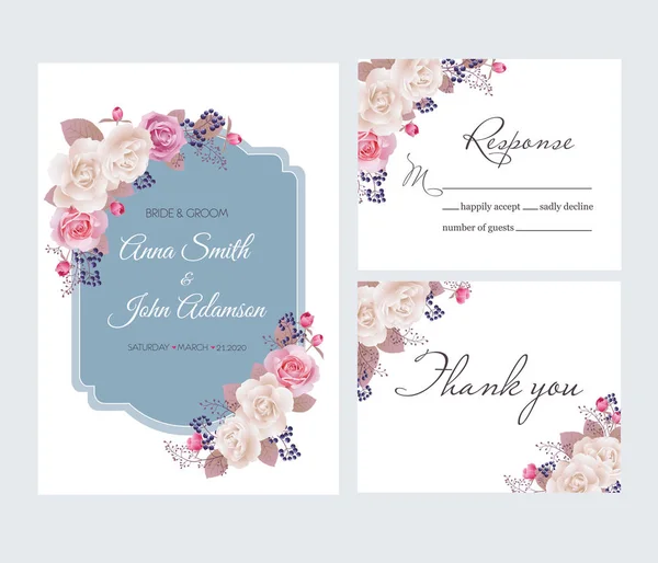 Свадебное приглашение, спасибо карточке, сохраните карточку свидания. Красивые белые и розовые розы. Векторная иллюстрация. EPS 10 — стоковый вектор