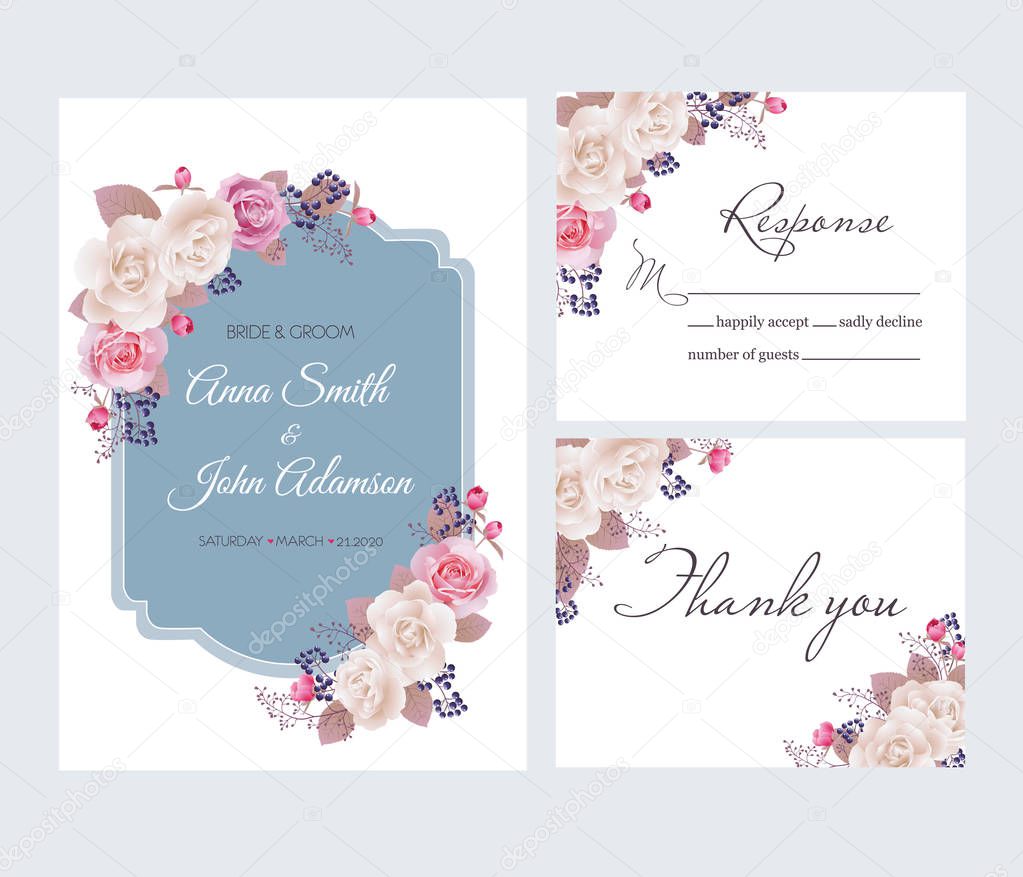 Wedding floral template collection.Wedding invitation, thank you card, save the date cards. Beautiful white and pink roses. Vector illustration. EPS 10