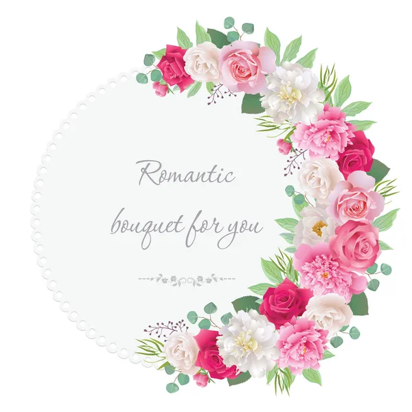 Romantiska halvcirkel garland ram med röda och rosa rosor, vitt och rosa pioner. Kan användas som inbjudan för bröllop, födelsedag, tack-kort, alla hjärtans dag och andra semester och sommar bakgrund. Vektorillustration. EPS-10 — Stock vektor
