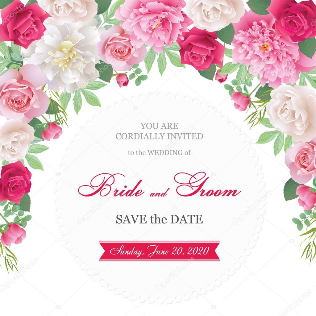 Wedding invitation cards with roses and peonies.Beautiful white and red roses, pink and white peonies. (Use for Boarding Pass, invitations, thank you card.) Vector illustration. EPS 10