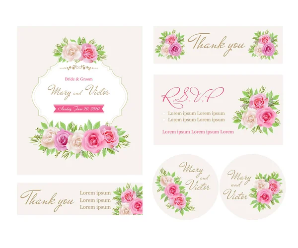 Cartões de convite de casamento com rosa e branco roses.Template coleção. (Use para Boarding Pass, convites, cartão de agradecimento.) Ilustração vetorial. EPS 10 — Vetor de Stock