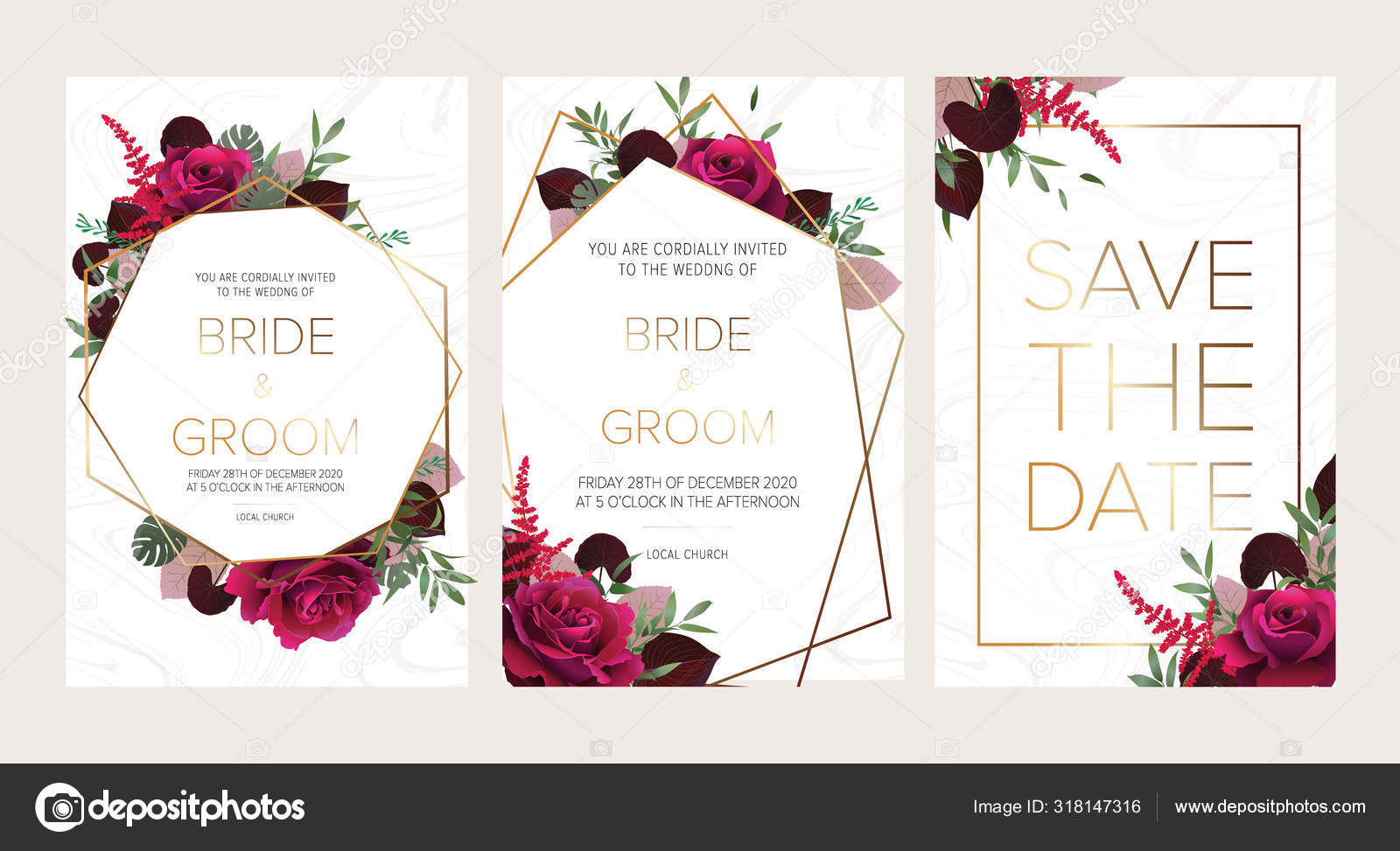 Wedding floral invitation, save the date card design with dark red roses,  burgundy red astilbe, monstera, viola lily leaves &amp;amp; elegant golden  geometric decoration. Geometric botanical vector design frame.Trendy  wedding card. Stock