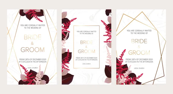 Wedding floral invitation, save the date card design with burgundy red and pink astilbe, monstera, viola lily leaves & elegant golden geometric decoration. Geometric botanical vector design frame. — Stock Vector