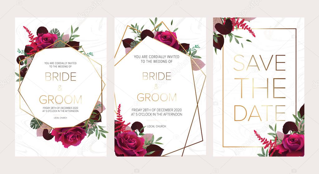 Wedding floral invitation, save the date card design with dark red roses, burgundy red astilbe, monstera, viola lily leaves & elegant golden geometric decoration. Geometric botanical vector design frame.Trendy wedding card.