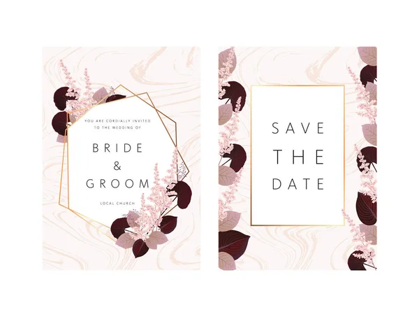 結婚式の花の招待状は ピンクのアスティルベ モンステラ ビオラユリの葉とエレガントな黄金の幾何学的な装飾で日付カードのデザインを保存します 幾何学的植物ベクトル設計フレーム — ストックベクタ