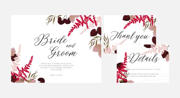 結婚式の花の招待状のセットは 近代的なカードに感謝 濃い赤とピンクのアスティルベ 白い大理石のテクスチャにビオラの葉 エレガントな素朴なテンプレート すべての要素は隔離および編集可能です — ストックベクタ