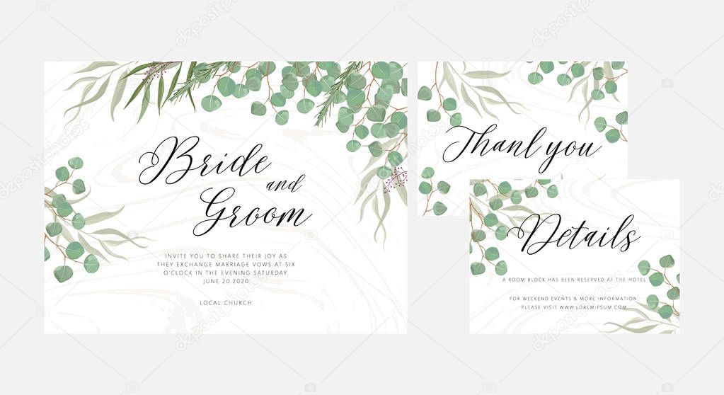 Set of Wedding floral invitation, thank you modern card: rosemary, eucalyptus branches wreath on white marble texture. Elegant rustic template. All elements are isolated and editable