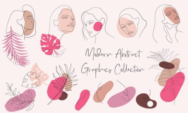 Continuous line, drawing of woman face, woman beauty minimalist with geometric doodle. Modern set of abstract elements ans trendy colors. One line drawing abstract faces. vector Continuous line, drawing of woman face, woman beauty minimalist with geometric doodle. Modern set of abstract elements ans trendy colors. One line drawing abstract faces. vector