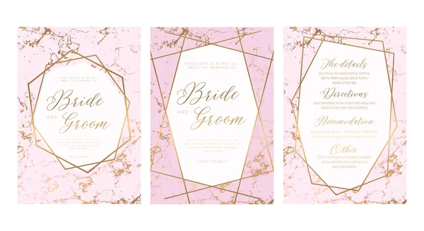 エレガントなパンフレット 結婚式のカード カバーの豪華なセット ピンクと金色の大理石の質感 幾何学的なフレーム トレンディな結婚式の招待状 すべての要素が隔離され 編集可能です — ストックベクタ