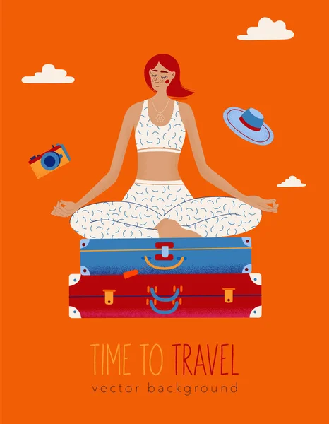 时尚旅游的例证 年轻的女人坐在一堆装着瑜伽莲花的手提箱上沉思 探险旅游及旅游的概念 — 图库矢量图片