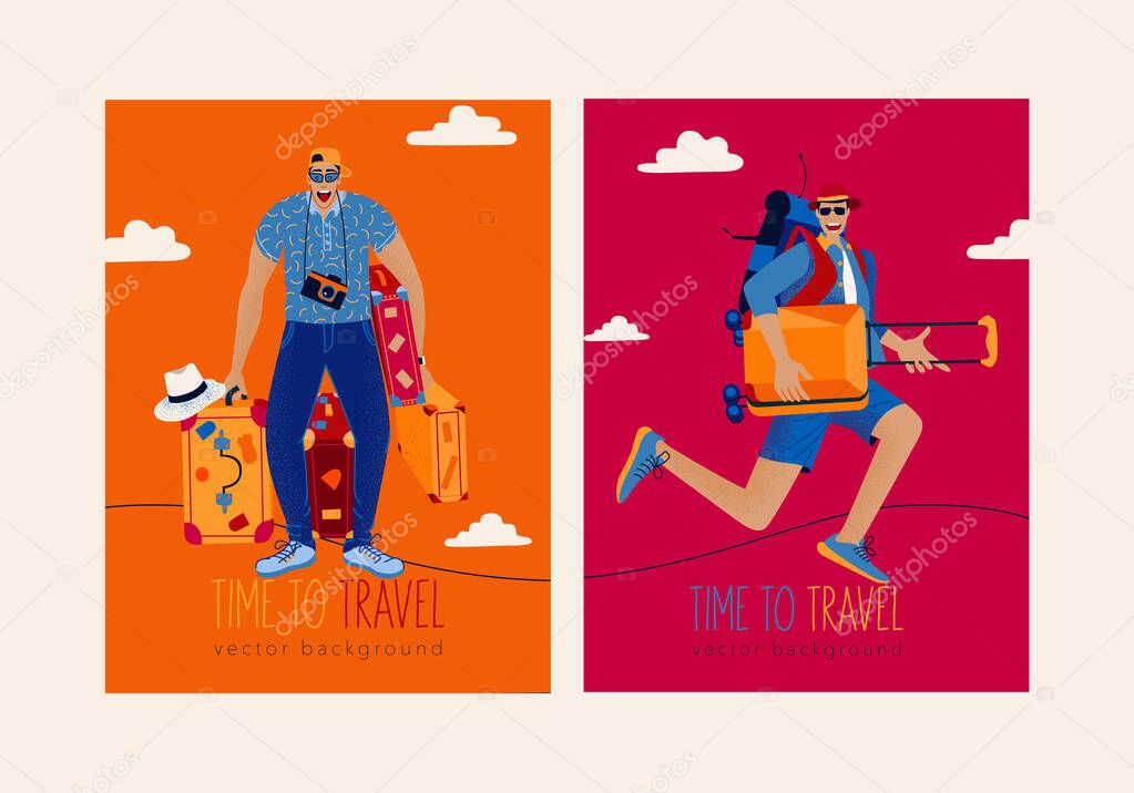 Set of Trendy travel illustration with Lush Lava color. Excited happy mans tourists with luggages. Concept of discovery, exploration, hiking, adventure tourism and travel.