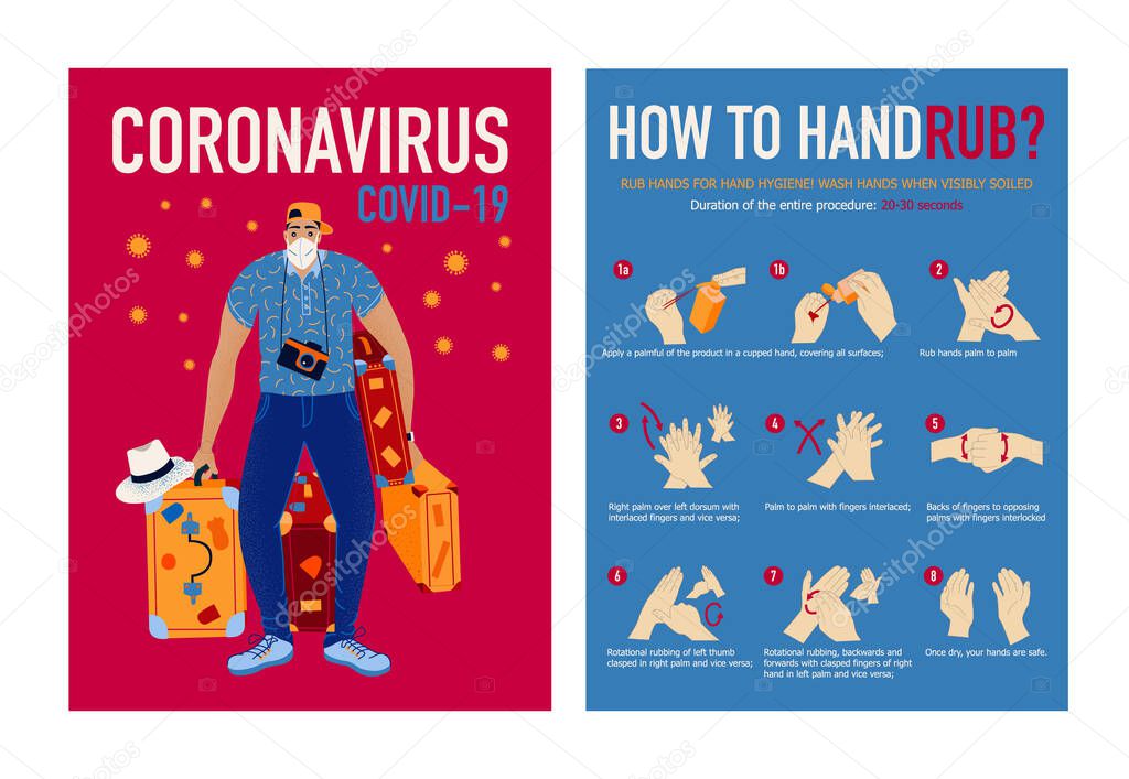 Coronavirus COVID-19 outbreak concept. Coronavirus in World. Novel coronavirus (2019-nCoV), man tourist with luggages in white medical face mask. Be ready for coronavirus. 