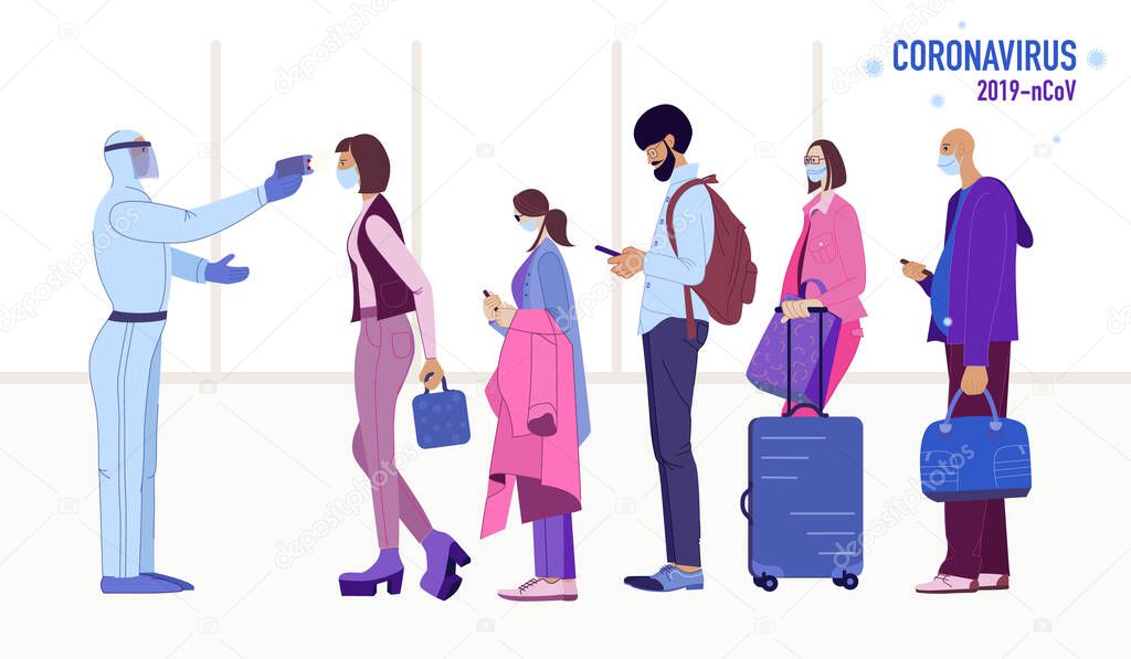 Illustration of Coronavirus COVID-19 outbreak concept. Multiracial people in medical face mask standing in queue in airport hall. Passangers are measured temperature. Novel coronavirus (2019-nCoV). 