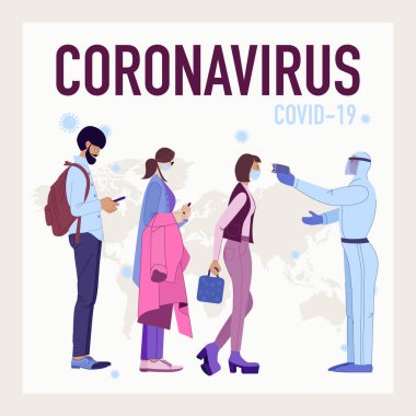 Coronavirus COVID-19 salgın konsepti. Tıbbi maske takmış çok ırklı insanlar sırada bekliyor. Yolcular ölçülmüş sıcaklıktadır. Coronavirus (2019-nCoV). 