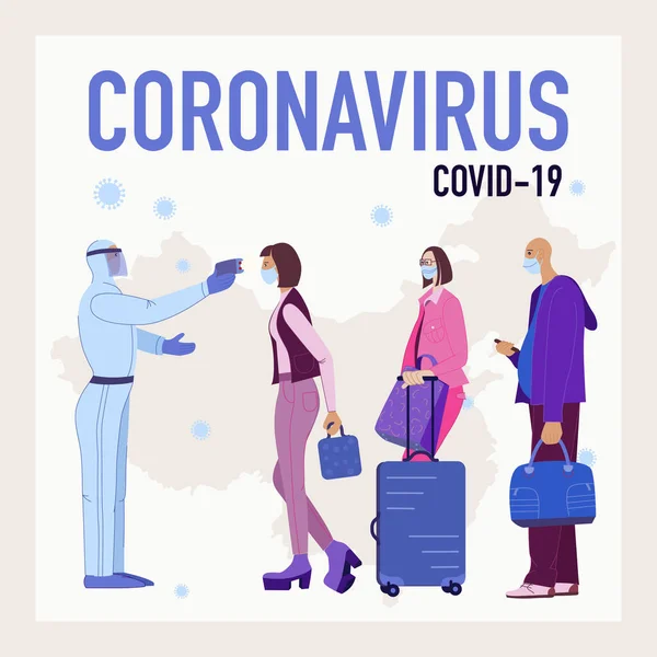 Ілюстрація Концепції Coronavirus Covid Багаторасові Люди Медичній Масці Стоять Черзі — стоковий вектор