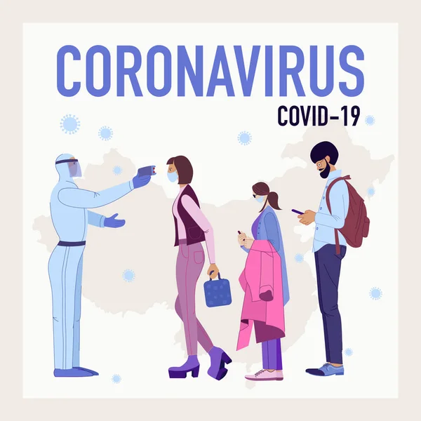 Illustration Utbrottskonceptet Coronavirus Covid Multiraciala Människor Medicinsk Ansiktsmask Står Passagerare — Stock vektor