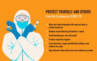 Coronavirus COVID-19 salgın konsepti. Koruyucu giysi ve maske giymiş Asyalı bir kadın şırınga ve aşı taşıyor. Kendinizi ve diğerlerini Coronavirus 'tan koruyun (COVID 19)
