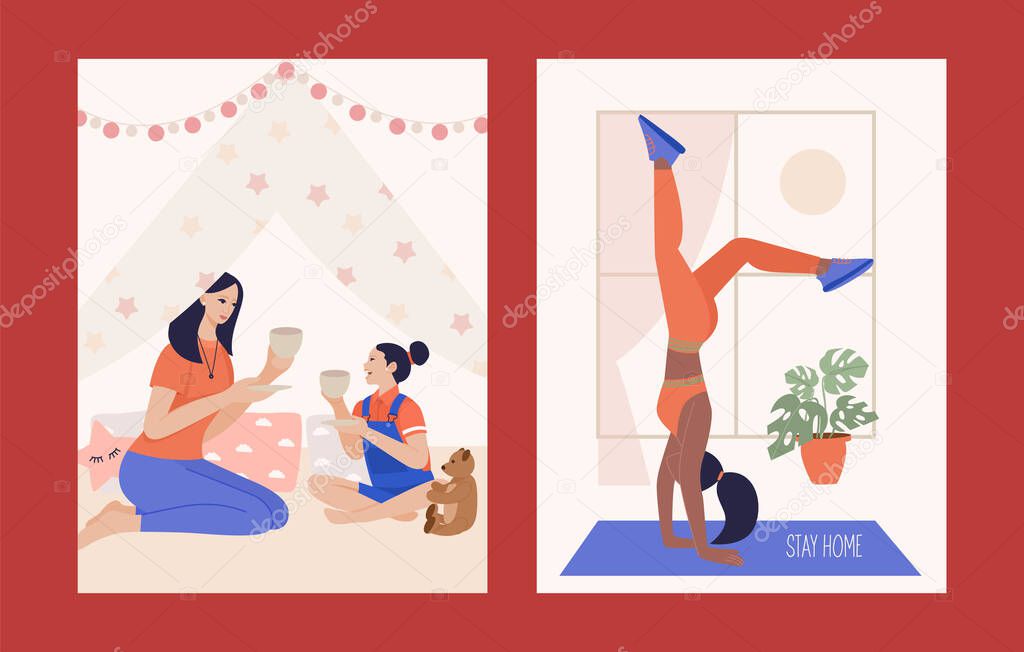 Quarantine, stay at home concept illustration. Mother and daughter girl play in children room. Tea party. Girl practicing yoga, enjoying meditation.Stay home on quarantine time during the Coronavirus epidemic.