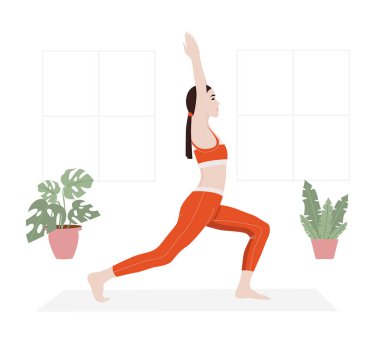 Karantina, ev konsepti illüstrasyonunda kalın. İnsanlar evlerinde, odalarında ya da dairelerinde oturup yoga yapıyor, meditasyondan keyif alıyorlar. Coronavirus salgını sırasında evde karantina altında kalın..