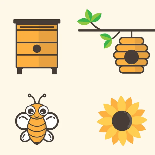 Casas de abejas de dibujos animados con abeja y flor — Vector de stock