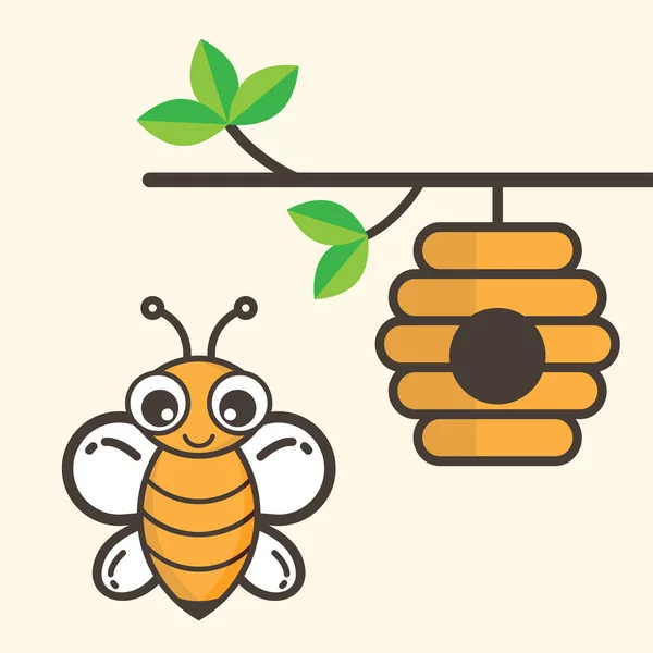 Pszczoła kreskówka z domu Pszczoła na gałęzi — Wektor stockowy