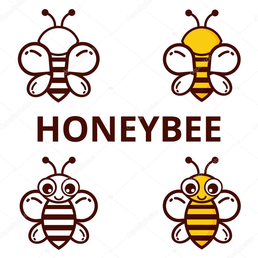 Cartoon bee outline vector set with text