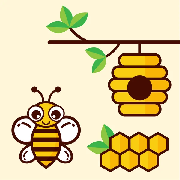 Cute bee with honeycomb and bee house — Stock Vector