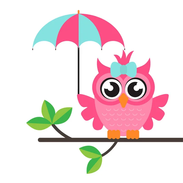 Chica de dibujos animados búho con paraguas en una rama — Vector de stock