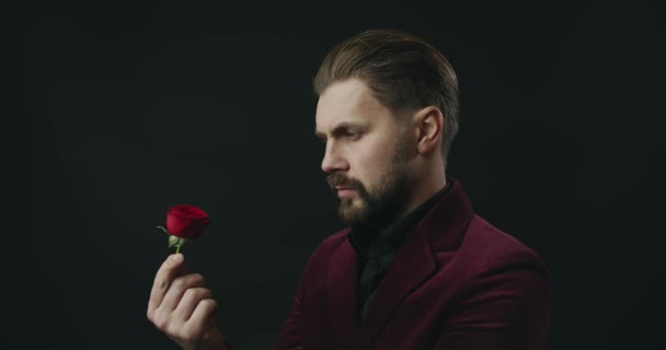 Bärtiger Mann im Anzug mit Blume auf schwarzem Hintergrund — Stockvideo