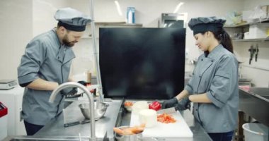 Profesyonel mutfakta birlikte yemek pişiren iki meslektaş.