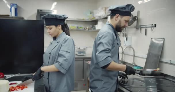 Operai professionisti della cucina cucinare pasto — Video Stock