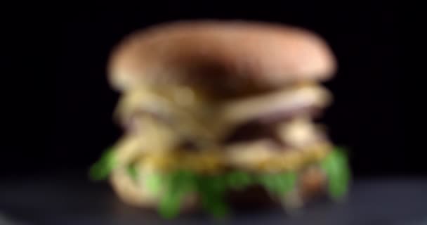 Rotating Burger on Black Background — Stock Video