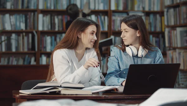 Two friends working in library