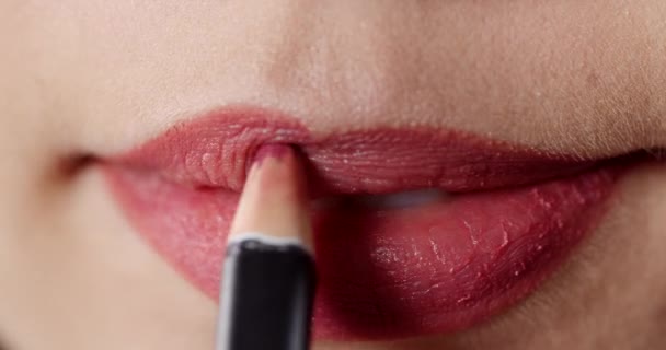 Woman with Lips Pencil Closeup — стокове відео