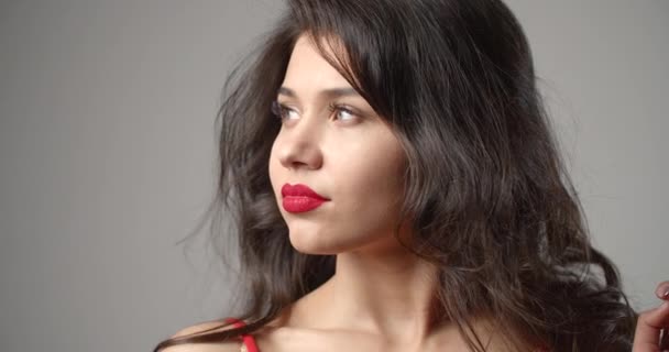 Woman with Red Lips Posing Isolated — Stock video