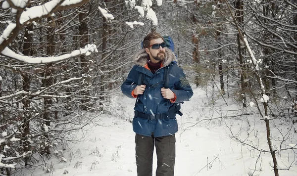 Turysta spacery w lesie, śnieg — Zdjęcie stockowe