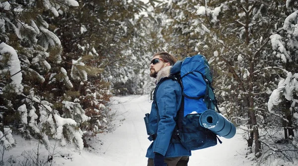 Hiker enjoying winter forest — Zdjęcie stockowe