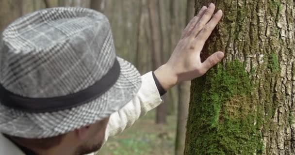 Pohled zezadu botanika zkoumající mech na stromě — Stock video