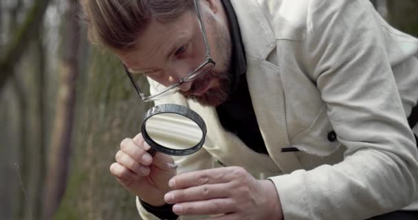 Serieuze botanicus onderzoeken van kleine bloemen met loupe — Stockvideo