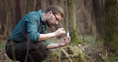 Uzman biyolog laboratuvarda test için yosun alıyor.