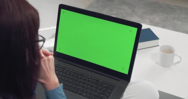 Bekijk van achteren van vrouwelijke kijken video op laptop — Stockvideo