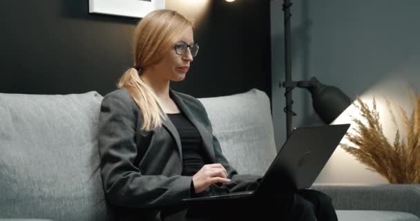 Ελκυστική επιχειρηματίας έχοντας συνομιλία βίντεο στο σύγχρονο γραφείο — Αρχείο Βίντεο
