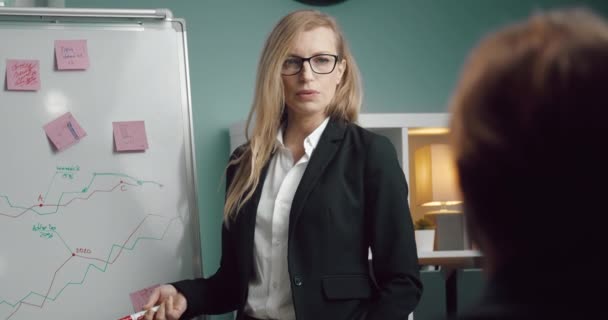 Felnőtt nő áll közel flipchart és beszél munkatársa — Stock videók