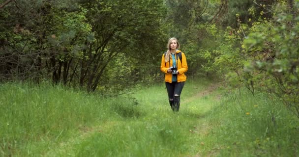 Vacker kvinna går genom skogen med digitalkamera — Stockvideo