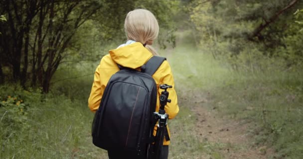 Leende kvinna tar bilder av vild natur i vårskogen — Stockvideo