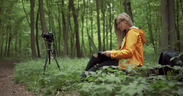 Kvinnlig fotograf sitter i skogen med bärbar dator — Stockvideo